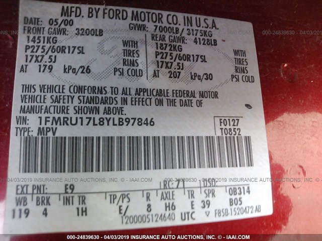 1FMRU17L8YLB97846 - 2000 FORD EXPEDITION EDDIE BAUER RED photo 9