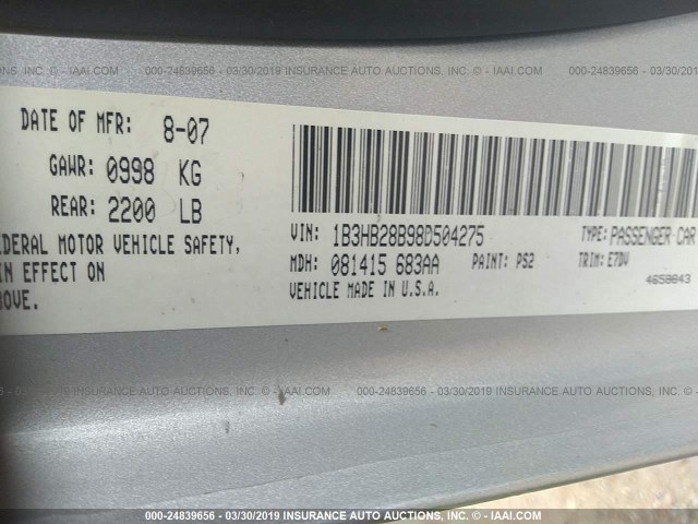 1B3HB28B98D504275 - 2008 DODGE CALIBER SILVER photo 9