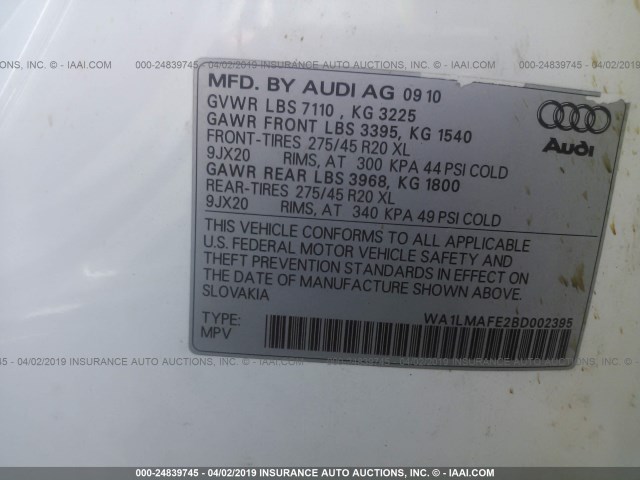 WA1LMAFE2BD002395 - 2011 AUDI Q7 WHITE photo 9