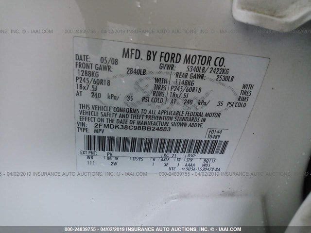 2FMDK38C98BB24883 - 2008 FORD EDGE SEL BEIGE photo 9