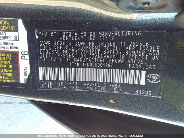 4T1BD1FK0CU061997 - 2012 TOYOTA CAMRY HYBRID/LE/XLE GRAY photo 9