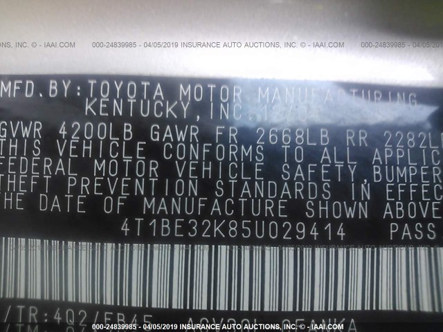 4T1BE32K85U029414 - 2005 TOYOTA CAMRY LE/XLE/SE SILVER photo 9