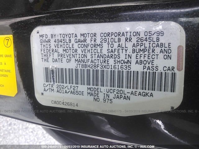 JT8BH28F3X0161635 - 1999 LEXUS LS 400 BLACK photo 9