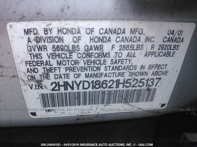 2HNYD18621H525137 - 2001 ACURA MDX TOURING SILVER photo 9