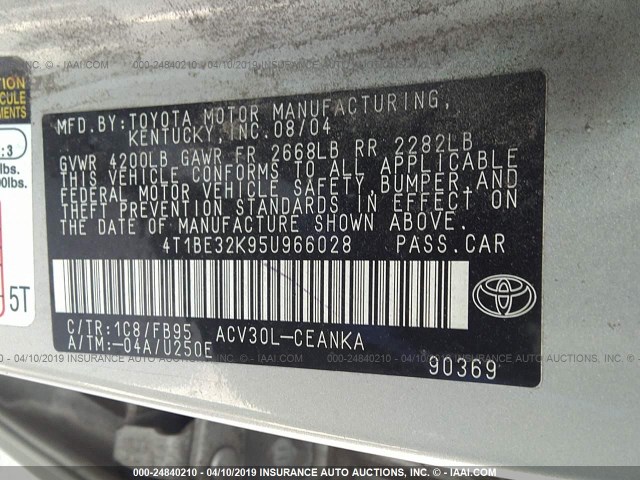 4T1BE32K95U966028 - 2005 TOYOTA CAMRY LE/XLE/SE SILVER photo 9