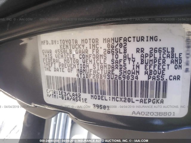 4T1BF28B93U269034 - 2003 TOYOTA AVALON XL/XLS GRAY photo 9