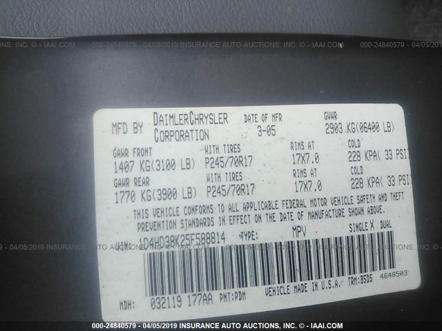 1D4HD38K25F588814 - 2005 DODGE DURANGO ST GRAY photo 9