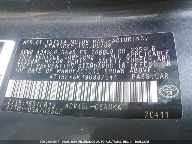 4T1BE46K19U887541 - 2009 TOYOTA CAMRY SE/LE/XLE GRAY photo 9