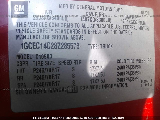 1GCEC14C28Z285573 - 2008 CHEVROLET SILVERADO C1500 RED photo 9