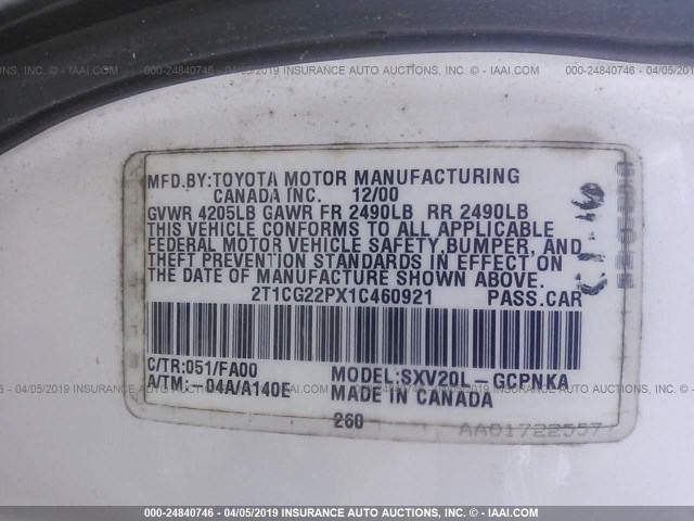 2T1CG22PX1C460921 - 2001 TOYOTA CAMRY SOLARA SE WHITE photo 9