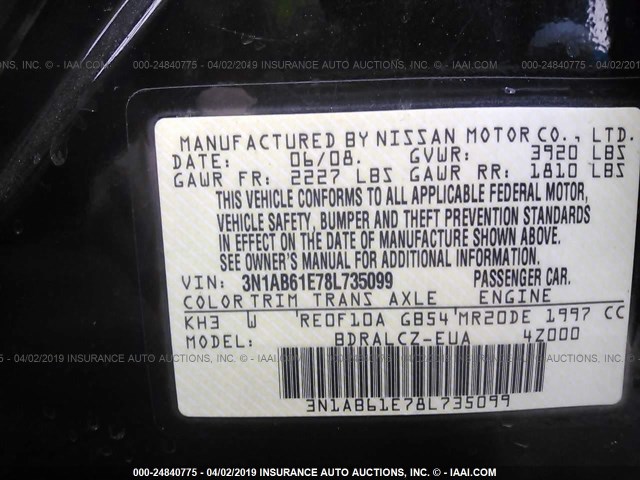 3N1AB61E78L735099 - 2008 NISSAN SENTRA 2.0/2.0S/2.0SL BLACK photo 9