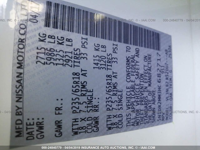 5N1DR2MM3HC682717 - 2017 NISSAN PATHFINDER S/SV/SL/PLATINUM WHITE photo 9