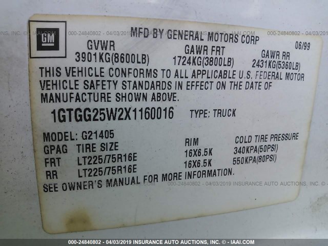 1GTGG25W2X1160016 - 1999 GMC SAVANA G2500 WHITE photo 9