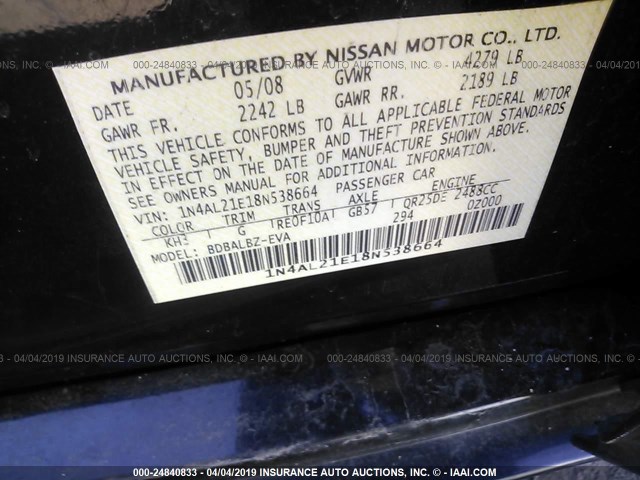 1N4AL21E18N538664 - 2008 NISSAN ALTIMA 2.5/2.5S BLACK photo 9