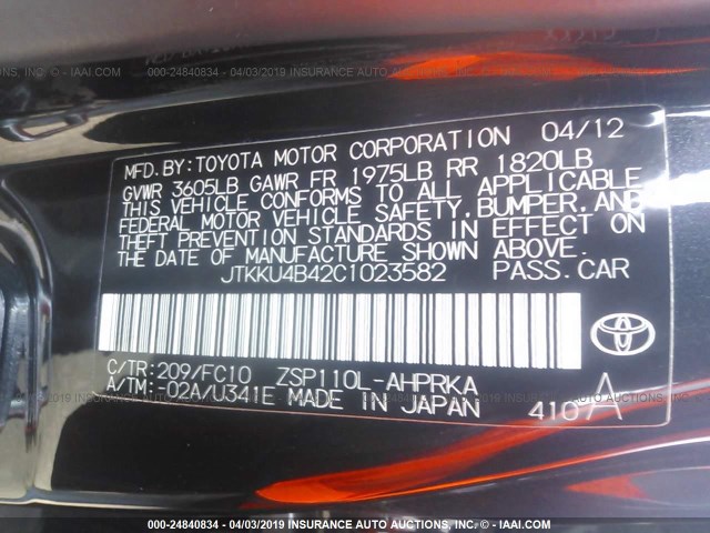 JTKKU4B42C1023582 - 2012 TOYOTA SCION XD BLACK photo 9