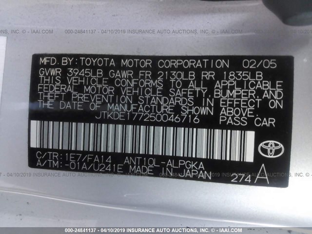 JTKDE177250046716 - 2005 TOYOTA SCION TC SILVER photo 9