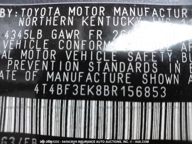 4T4BF3EK8BR156853 - 2011 TOYOTA CAMRY SE/LE/XLE GRAY photo 9