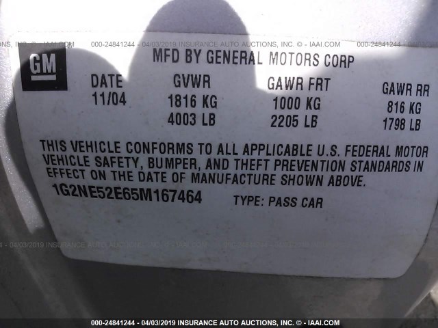 1G2NE52E65M167464 - 2005 PONTIAC GRAND AM SE SILVER photo 9