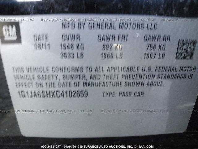 1G1JA6SHXC4102659 - 2012 CHEVROLET SONIC LS BLACK photo 9