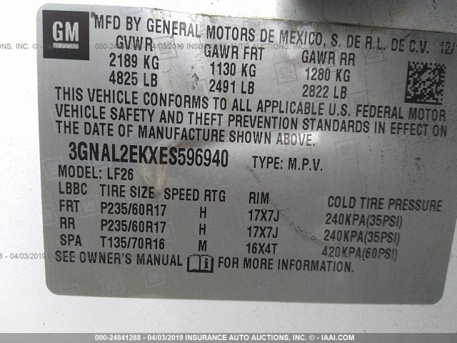 3GNAL2EKXES596940 - 2014 CHEVROLET CAPTIVA LS 白色 照片 9