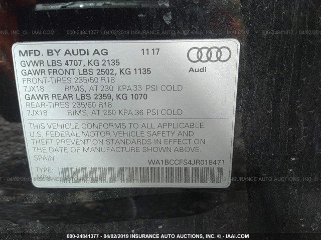 WA1BCCFS4JR018471 - 2018 AUDI Q3 PREMIUM BLACK photo 9