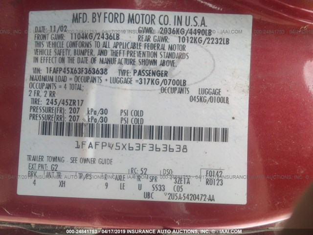 1FAFP45X63F363638 - 2003 FORD MUSTANG GT RED photo 9