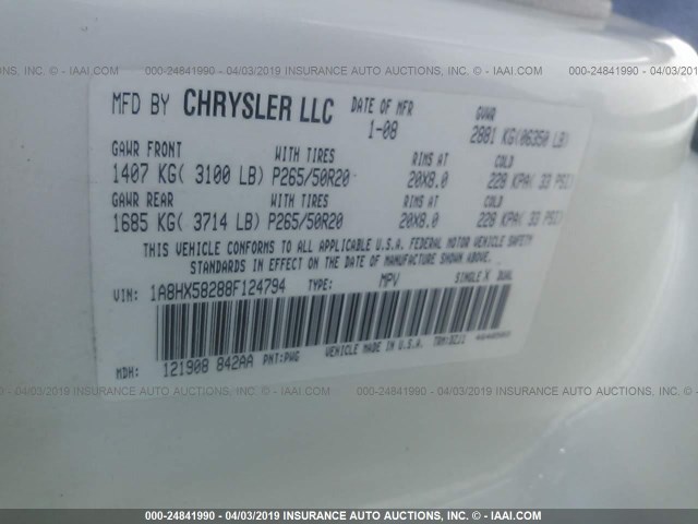 1A8HX58288F124794 - 2008 CHRYSLER ASPEN LIMITED WHITE photo 9