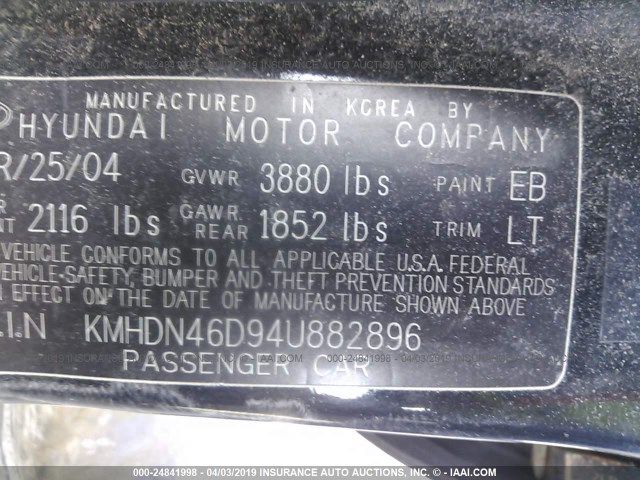 KMHDN46D94U882896 - 2004 HYUNDAI ELANTRA GLS/GT BLACK photo 9