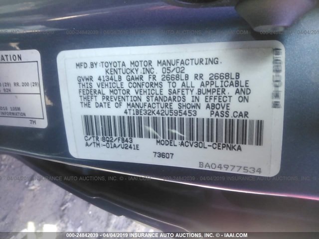 4T1BE32K42U595453 - 2002 TOYOTA CAMRY LE/XLE/SE BLUE photo 9