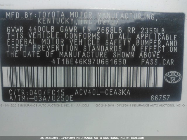 4T1BE46K97U661650 - 2007 TOYOTA CAMRY NEW GENERAT CE/LE/XLE/SE WHITE photo 9