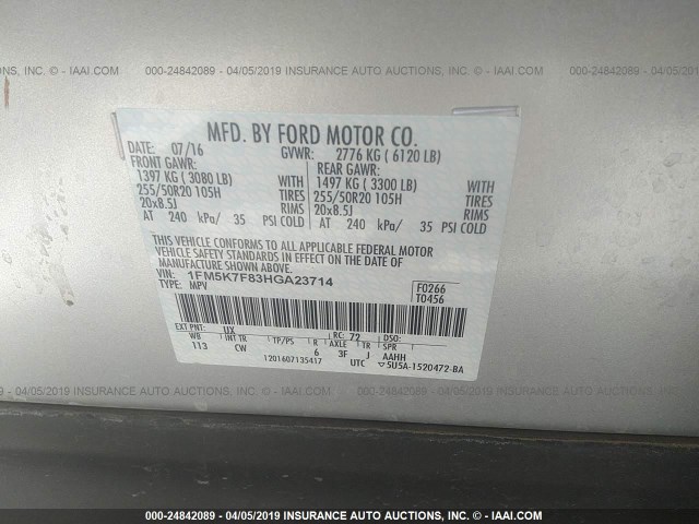 1FM5K7F83HGA23714 - 2017 FORD EXPLORER LIMITED SILVER photo 9