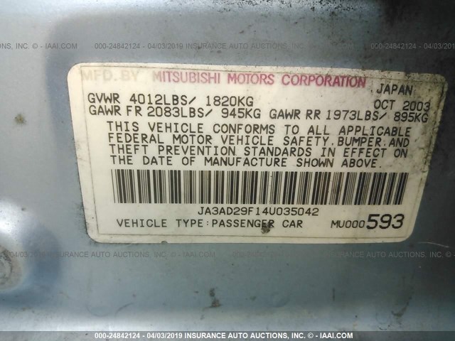 JA3AD29F14U035042 - 2004 MITSUBISHI LANCER LS BLUE photo 9