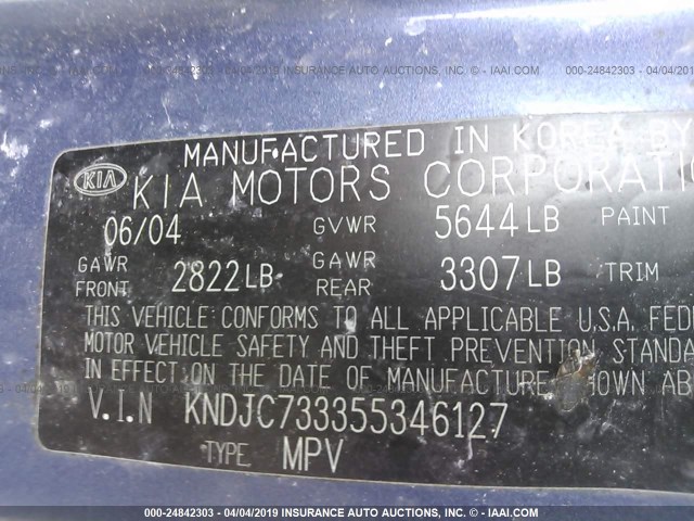 KNDJC733355346127 - 2005 KIA SORENTO EX/LX BLUE photo 9