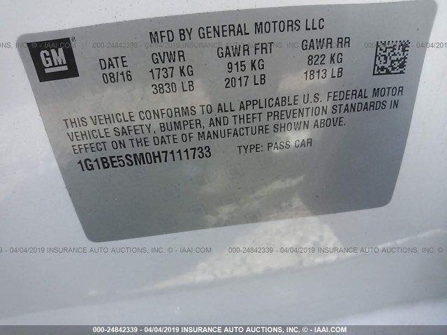 1G1BE5SM0H7111733 - 2017 CHEVROLET CRUZE LT WHITE photo 9