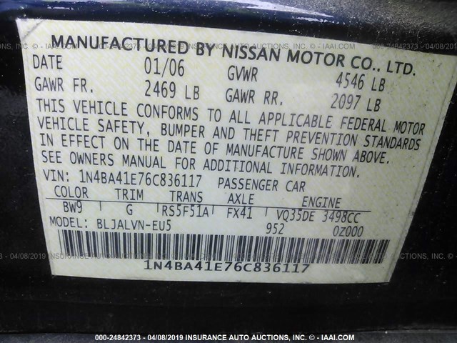 1N4BA41E76C836117 - 2006 NISSAN MAXIMA SE/SL BLUE photo 9