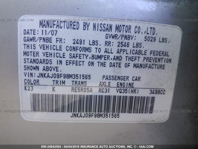 JNKAJ09F98M351565 - 2008 INFINITI EX35 JOURNEY SILVER photo 9