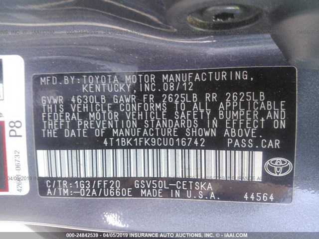 4T1BK1FK9CU016742 - 2012 TOYOTA CAMRY SE/XLE GRAY photo 9