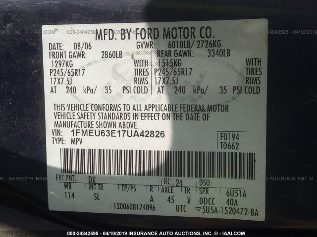 1FMEU63E17UA42826 - 2007 FORD EXPLORER XLT BLUE photo 9