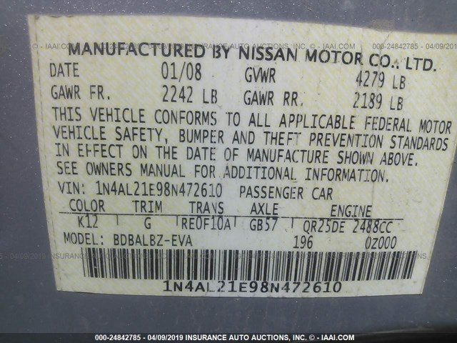 1N4AL21E98N472610 - 2008 NISSAN ALTIMA 2.5/2.5S SILVER photo 9