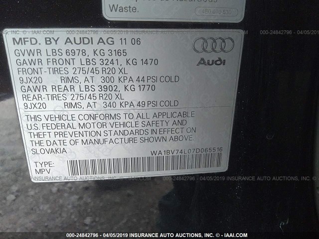 WA1BV74L07D065516 - 2007 AUDI Q7 4.2 QUATTRO PREMIUM BLACK photo 9