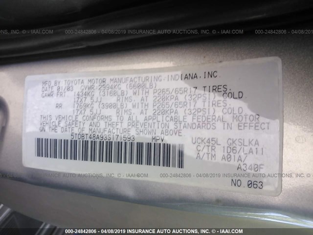 5TDBT48A93S171593 - 2003 TOYOTA SEQUOIA LIMITED SILVER photo 9