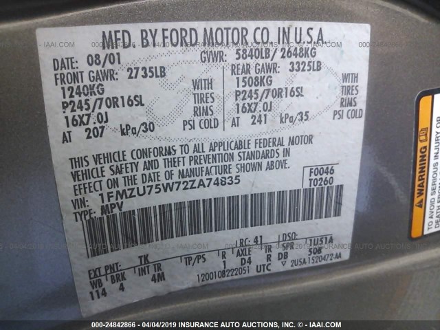 1FMZU75W72ZA74835 - 2002 FORD EXPLORER LIMITED GRAY photo 9