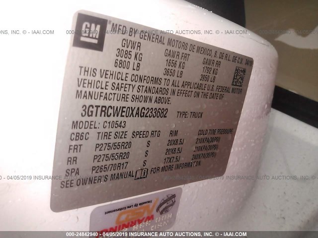 3GTRCWE0XAG233682 - 2010 GMC SIERRA C1500 SLT WHITE photo 9