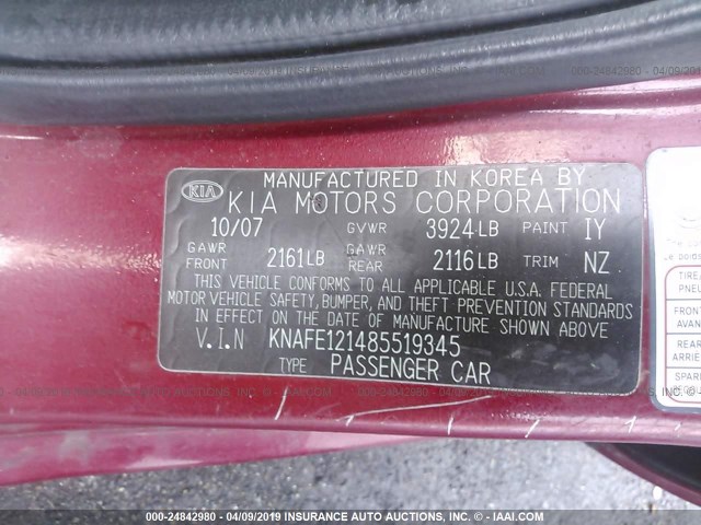 KNAFE121485519345 - 2008 KIA SPECTRA EX/LX/SX RED photo 9