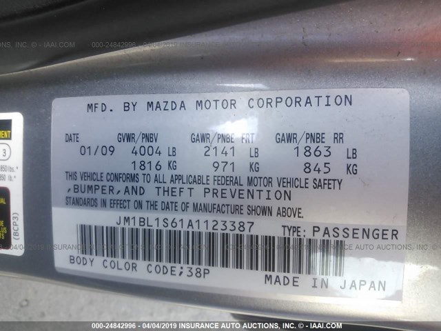 JM1BL1S61A1123387 - 2010 MAZDA 3 S GRAY photo 9