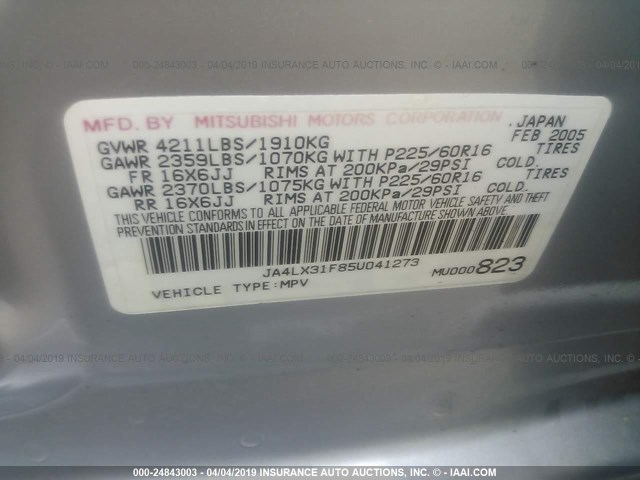 JA4LX31F85U041273 - 2005 MITSUBISHI OUTLANDER LS SILVER photo 9