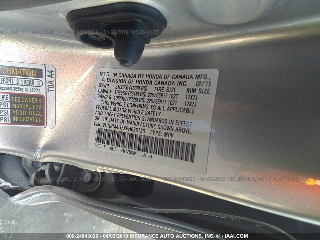 2HKRM4H7XFH636120 - 2015 HONDA CR-V EXL SILVER photo 9