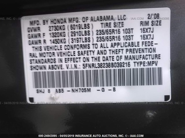 5FNRL38238B039216 - 2008 HONDA ODYSSEY LX GRAY photo 9