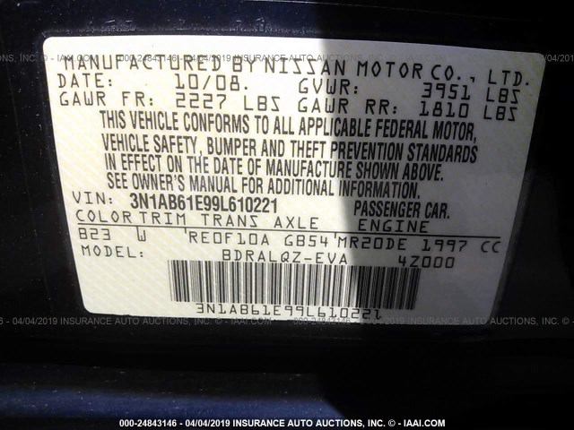 3N1AB61E99L610221 - 2009 NISSAN SENTRA 2.0/2.0S/2.0SL BLUE photo 9