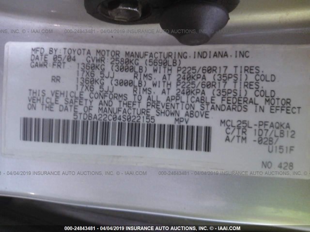 5TDBA22C04S022155 - 2004 TOYOTA SIENNA XLE/XLE LIMITED SILVER photo 9